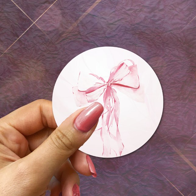 Einfache Pink Bow Wasserfarbe Girl Babydusche Runder Aufkleber (Von Creator hochgeladen)