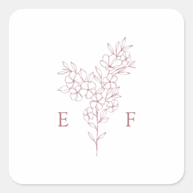 Einfache Pink Cherry Blossom Wreath Monogram Weddi Quadratischer Aufkleber (Vorderseite)