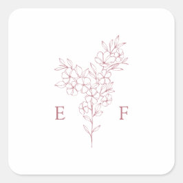 Einfache Pink Cherry Blossom Wreath Monogram Weddi Quadratischer Aufkleber