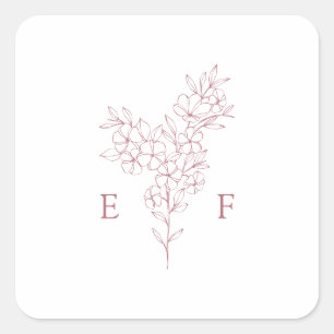 Einfache Pink Cherry Blossom Wreath Monogram Weddi Quadratischer Aufkleber