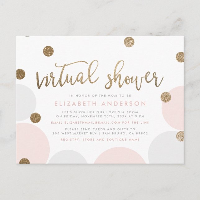 Einfache Pink & Gold Glitzer Confetti Virtual Dusc Einladungspostkarte (Vorderseite)