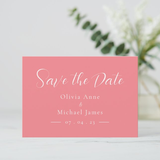 Einfache Pink- und White-Script-Hochzeit speichern Save The Date (Stehend Vorderseite)