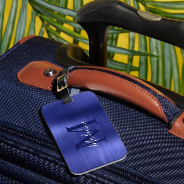 Einfache Pinselstrich-Metallic Royal Blue Monogram Gepäckanhänger (Vorderseite Insitu 1)