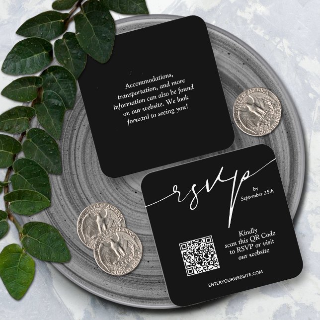 Einfache QR Code Hochzeit Begleitkarte (Simple QR code black wedding RSVP cards 2.5" x 2.5")