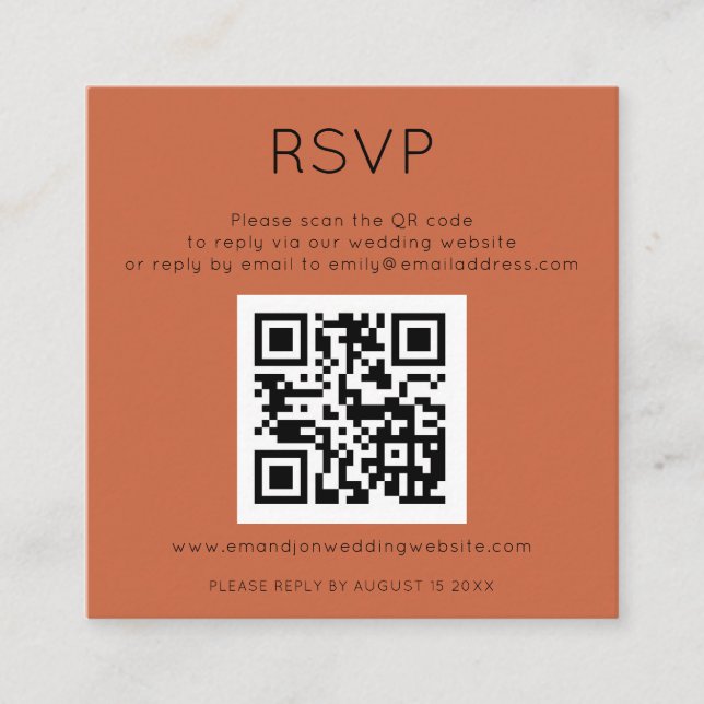 Einfache QR Code Terracotta Wedding RSVP Begleitkarte (Vorderseite)