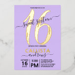 Einfache Real Gold Lavendel Sweet 16 Geburtstag Folieneinladung<br><div class="desc">Diese einfache, mädchenhafte und elegante 16 . Geburtstag Geburtstagsfeier ist perfekt für den besonderen Tag Ihrer Tochter. Es enthält eine echte Goldfolie "16" und den Namen Ihrer Tochter neben der Schriftzeichen-Typografie auf einem lila Hintergrund eines Lavendels. Es ist schick, minimal, hübsch, einzigartig und cool. ***WICHTIGE HINWEIS FÜR DESIGN: Bei jeder...</div>