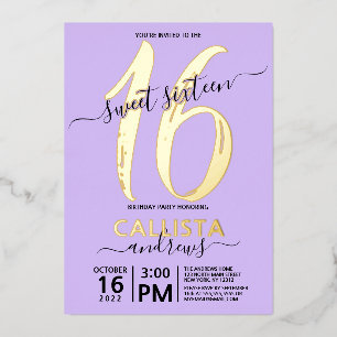 Einfache Real Gold Lavendel Sweet 16 Geburtstag Folieneinladung