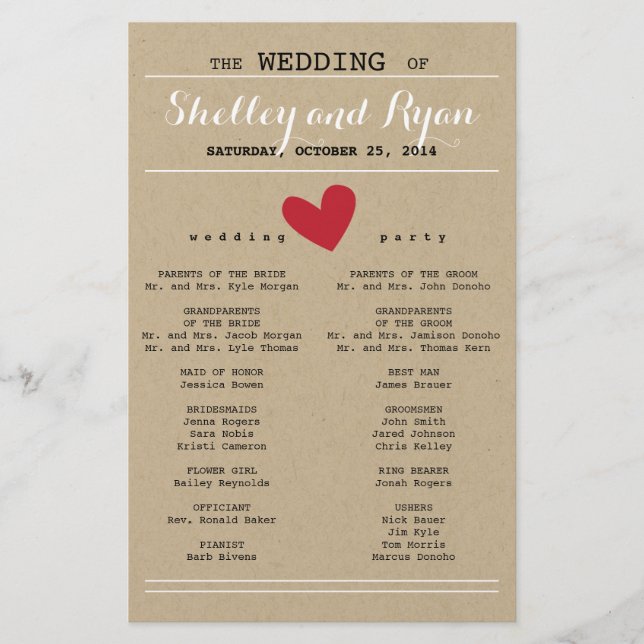 Einfache Red and Kraft Heart Wedding Program (Vorderseite)