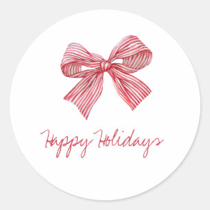Einfache Red Candy Stripe Bow Happy Holidays Runder Aufkleber