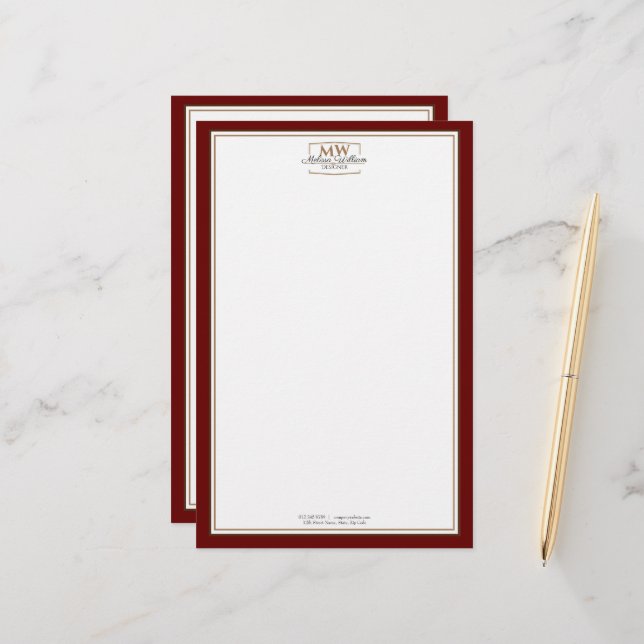 Einfache Red Monogram Business Briefpapier (Vorderseite/Rückseite Beispiel)