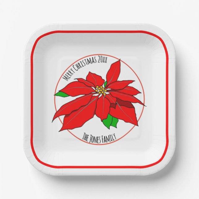 Einfache Red Poinsettia Blume Frohe Weihnachten We Pappteller (Vorderseite)