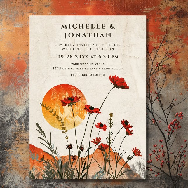 Einfache Red Poppies Boho Wildblumen Sunset Weddin Einladung (Front - Simple Red Poppies Boho Wildflowers Sunset Wedding Invitation)
