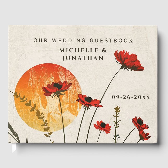 Einfache Red Poppies Boho Wildblumen Sunset Weddin Gästebuch (Vorderseite)