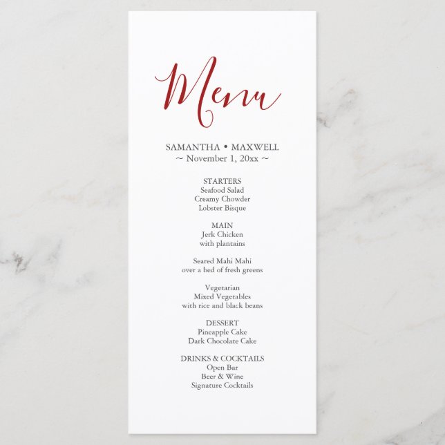 Einfache Red Wedding Menus Card Menükarte (Vorderseite)