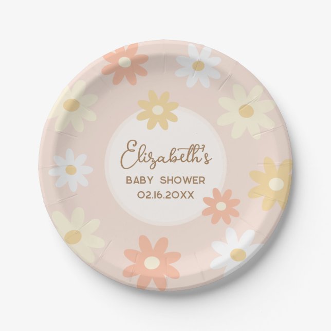 Einfache Retro-Chic Daisy Boho Girl Babydusche Pappteller (Vorderseite)