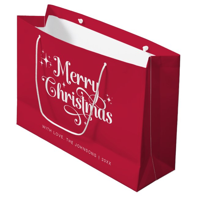 Einfache Retro Chic Rot und Weiß Frohe Weihnachten Große Geschenktüte (Vorderseite Schrägansicht)