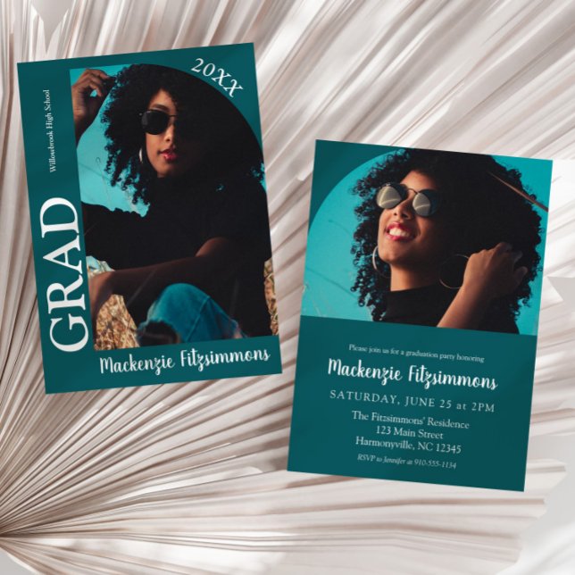 Einfache Retro Foto Abschluss Einladung (Teal green Simple Retro Photo Graduation Invitation)