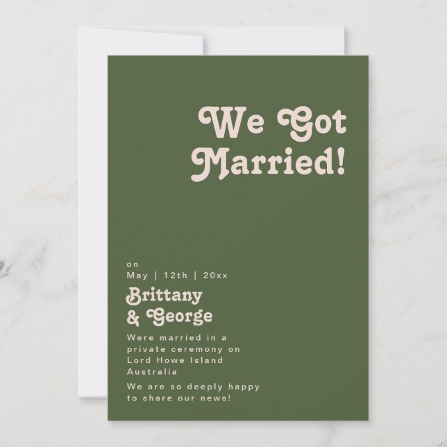Einfache Retro | Olive Green Elopement Ankündigung (Vorderseite)