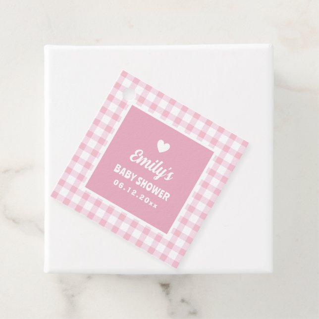 Einfache Retro Pastel Pink Gingham Girl Babydusche Geschenkanhänger (Beispiel)