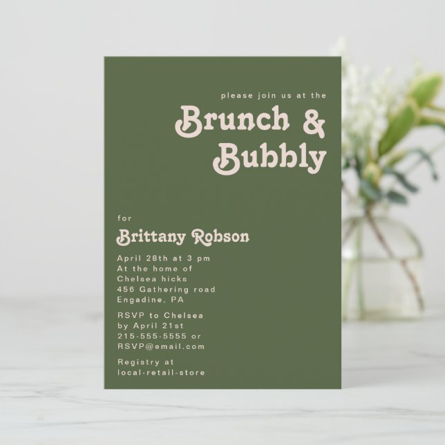 Einfache Retro-Vibes | Grüner Brunch mit Olivenbäu Einladung (Stehend Vorderseite)