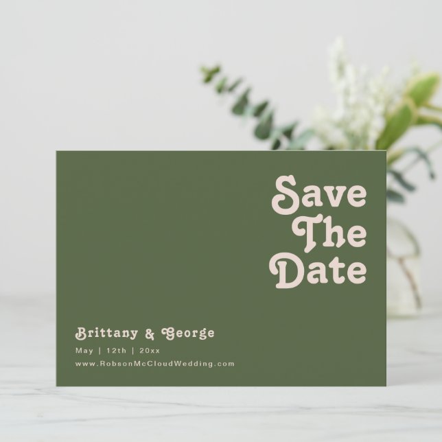 Einfache Retro-Vibes | Horizontales Olivenöl Save The Date (Stehend Vorderseite)