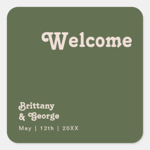 Einfache Retro-Vibes Olive Green Wedding Welcome Quadratischer Aufkleber