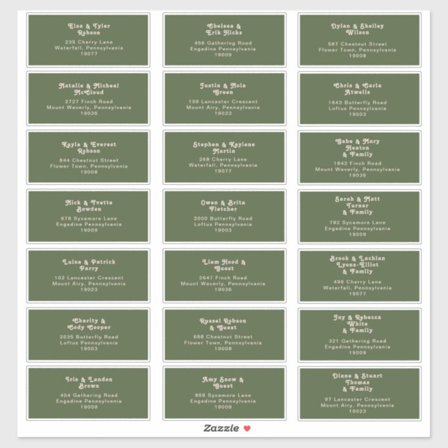 Einfache Retro-Vibes | Olive Wedding Guest Address Aufkleber (Blatt)