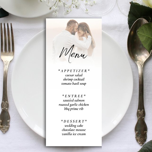 Einfache Rezeption des Ombre White Foto Menükarte (Simple Ombre White Photo Wedding Reception Menu)