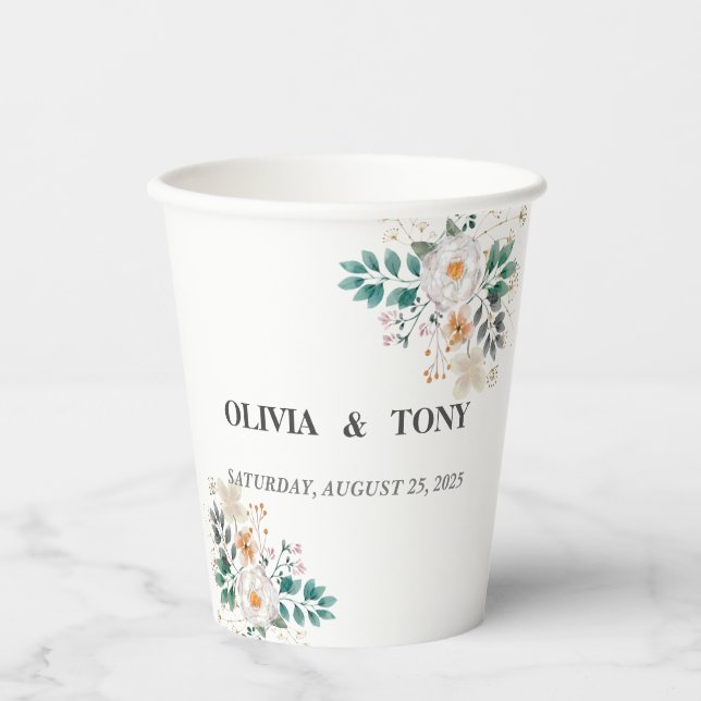 Einfache romantische Blumenhochzeit Pappbecher (Vorderseite)