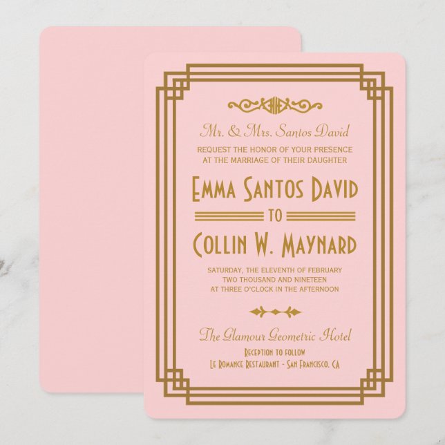 Einfache Rosa Art Déco Einladungen für Hochzeiten (Vorne/Hinten)