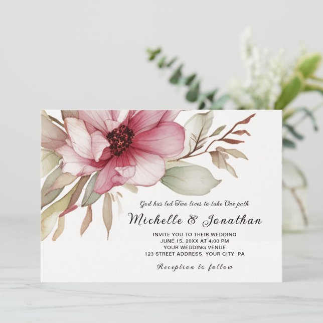 Einfache Rosa Blume Christliche Bibelhochzeit Einladung (Stehend Vorderseite)