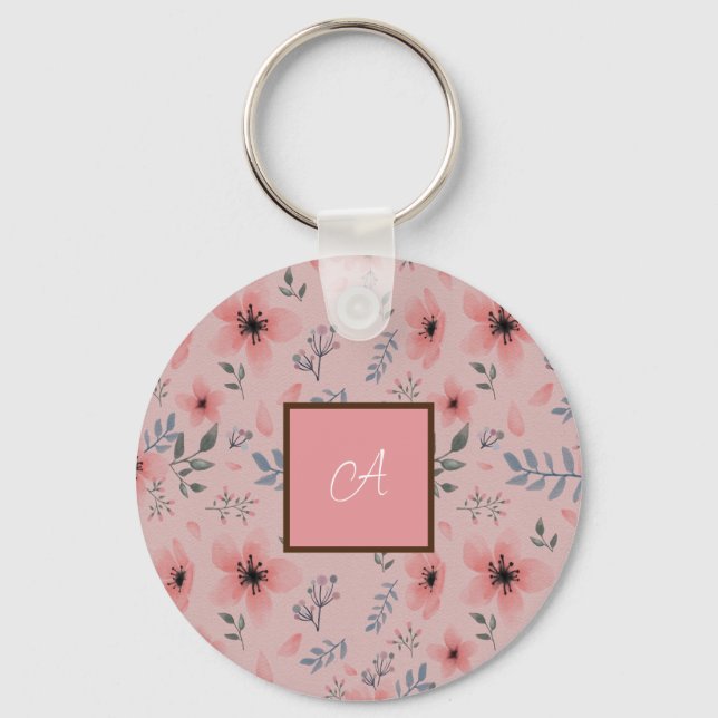 Einfache rosa Blume Muster Boho Vintag Monogram Schlüsselanhänger (Vorderseite)