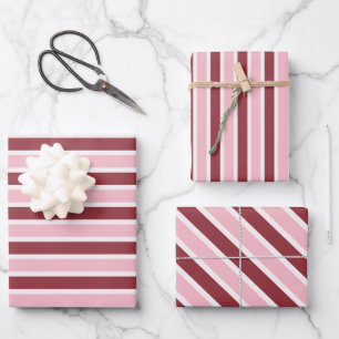 Einfache rosa-burgunderrote Streifen Weihnachten Geschenkpapier Set