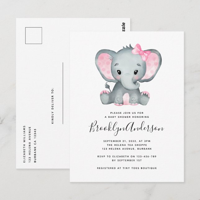 Einfache Rosa Elephant Baby Dusche Einladung Postkarte (Vorne/Hinten)