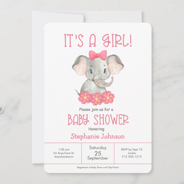 Einfache rosa Elephant Girl Watercolor Babydusche Einladung (Vorderseite)