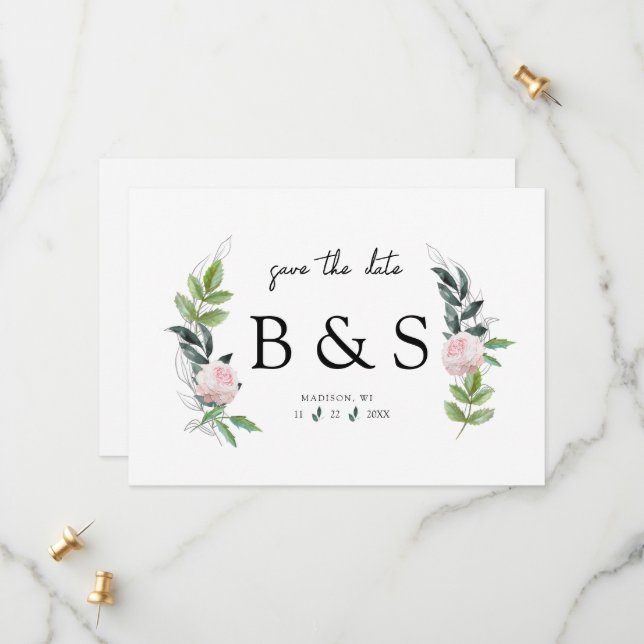 Einfache rosa Floral Monogramm Save the Date (Vorderseite/Rückseite Beispiel)