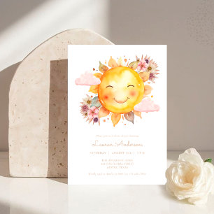 Einfache rosa florale Boho-Sonnenschein-Baby-Party Einladung