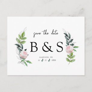 Einfache rosa florale Monogramm Hochzeit speichern Postkarte