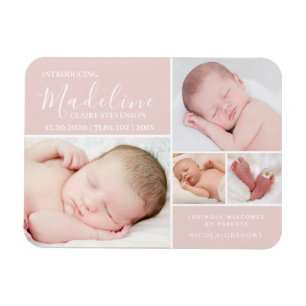 Einfache Rosa Foto Collage Baby Girl Birth Magnet