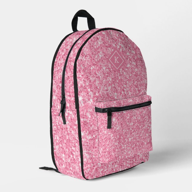 Einfache Rosa Glitzer-Textur | Monogramm Bedruckter Rucksack (Rückseitige Ecke links)