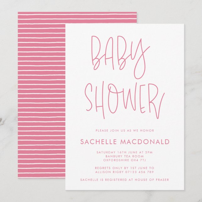 Einfache rosa Handschrift Baby Dusche Einladung (Vorne/Hinten)