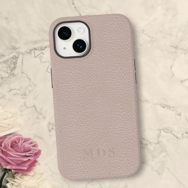 Einfache Rosa Imitate Leaather Look Monogram Case-Mate iPhone 14 Hülle (A pretty blush pink faux leather look phone case with space for your initials)