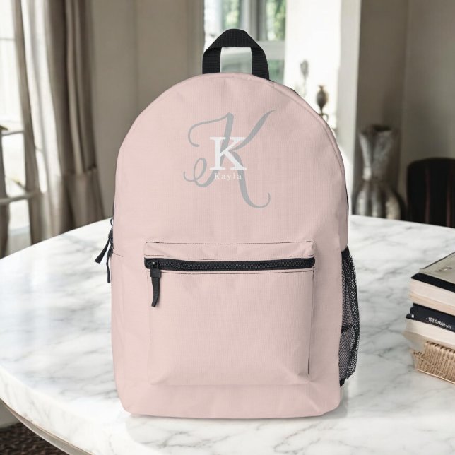 Einfache Rosa mit stylischer Monogram Typografie Bedruckter Rucksack (Personalize with your name and monogram initial.)