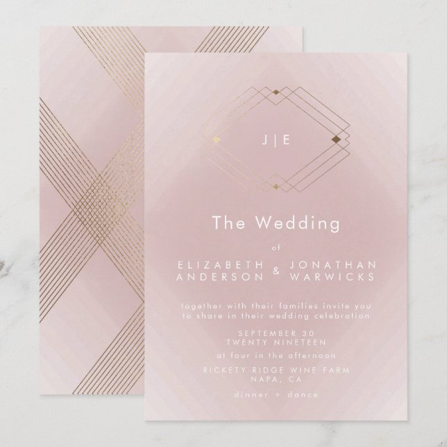 Einfache rosa moderne geometrische Hochzeit Einladung (Vorne/Hinten)