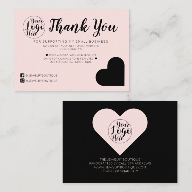 Einfache Rosa-Schwarz-Herz-Logo-Kunde Vielen Dank Visitenkarte (Vorne/Hinten)