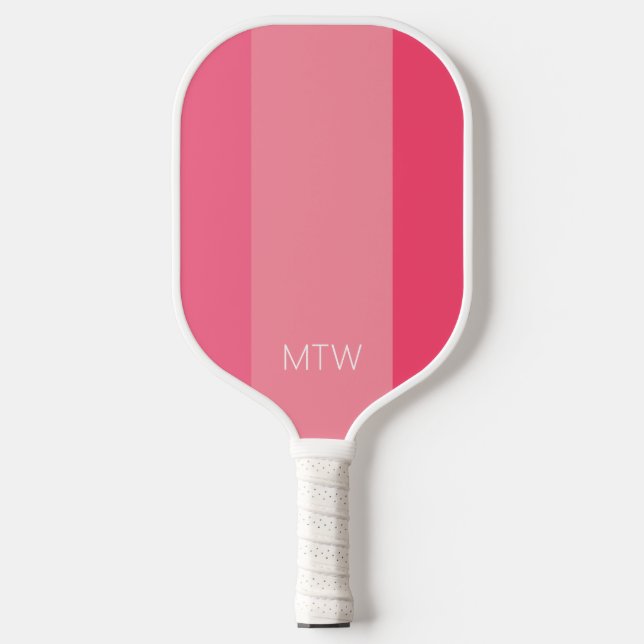 Einfache rosa Streifen Weißes Monogramm Pickleball Schläger (Vorderseite)