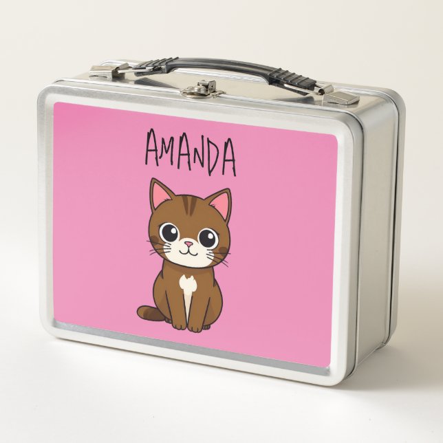 Einfache rosa und braune Katzen Name Metall Brotdose (Vorderseite)