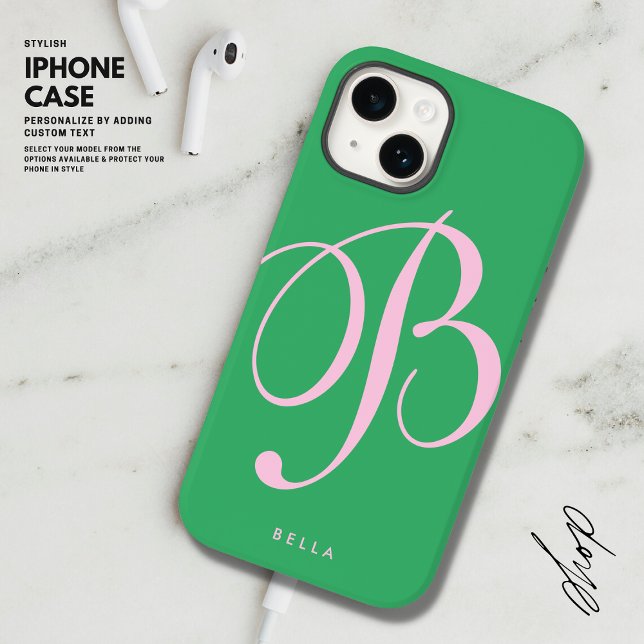 Einfache rosa und grüne Skriptbezeichnung Monogram Case-Mate iPhone 14 Hülle (Von Creator hochgeladen)