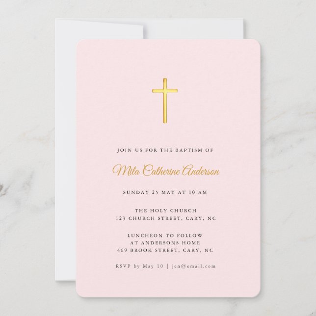 Einfache Rosa und Imitate Gold Cross Taufe Einladung (Vorderseite)