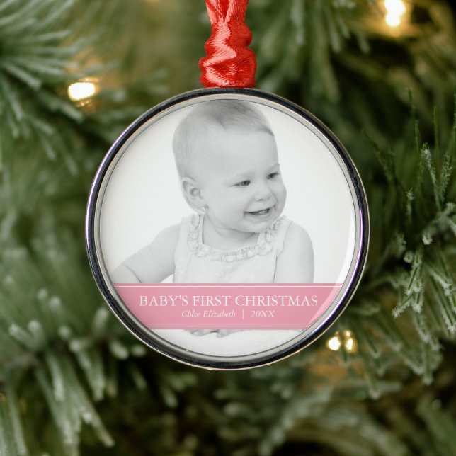 Einfache rosa und weiße Foto Weihnachten Silbernes Ornament (Baum)